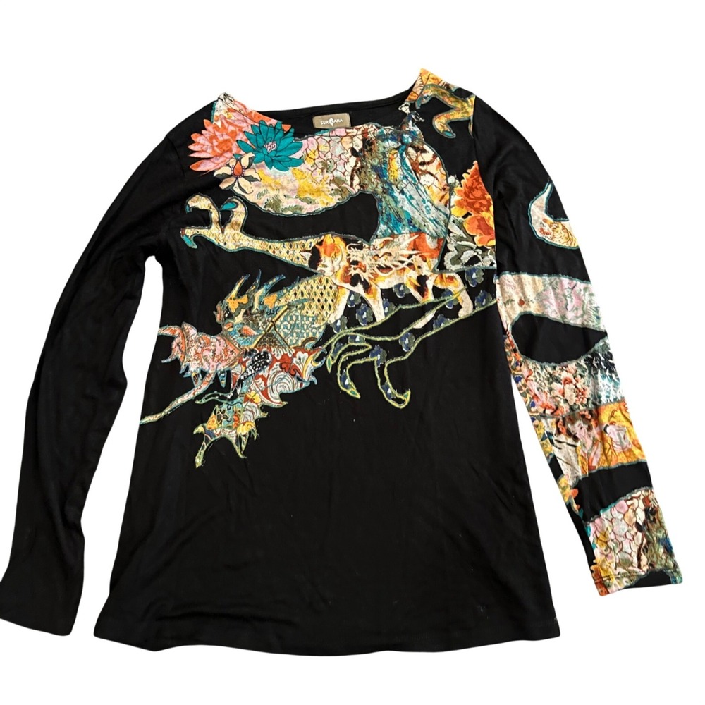 Surkana Womens Black Long Sleeve Graphic Print Abstract Floral Jersey Top Size M